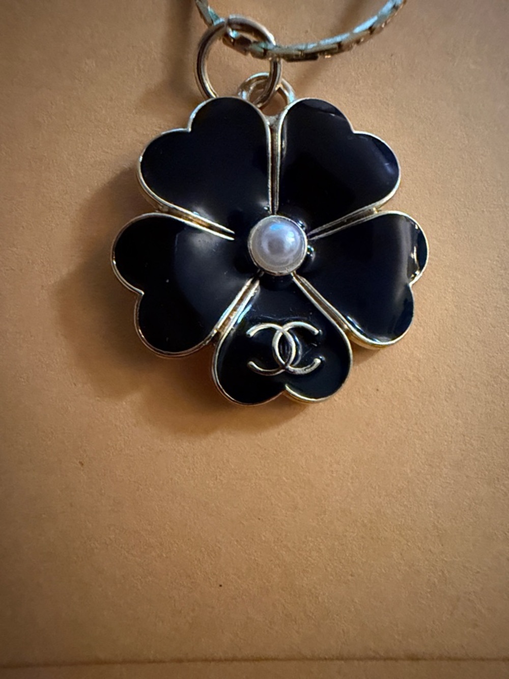 Upcycled CC Black Enamel Four-Leaf Clover Pendant